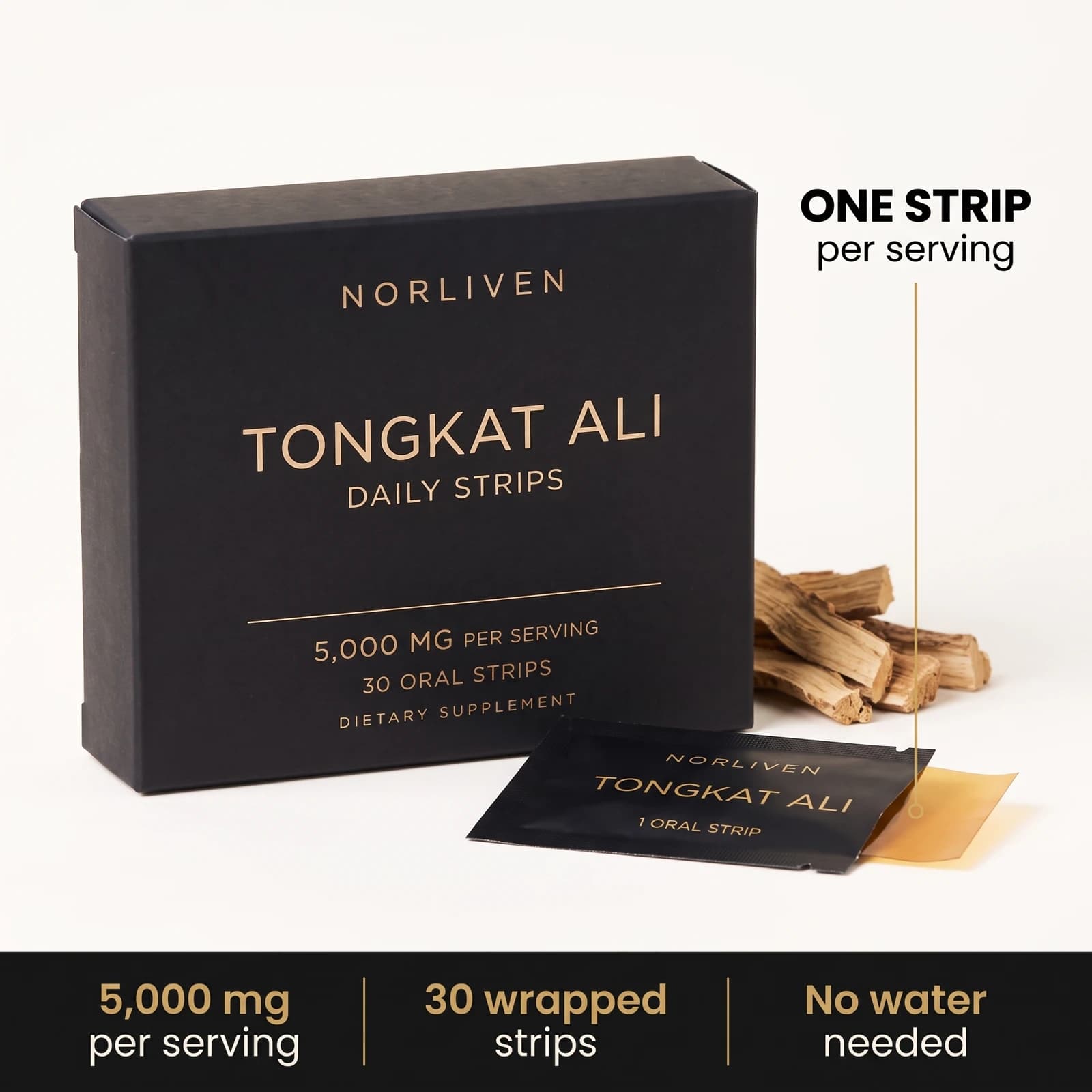 Norliven Tongkat Ali box, individually wrapped sachet and one oral strip